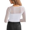 imageREORIA Womens Sexy Round Neck Long Sleeve Trendy Front Twist Knot Sheer Mesh Ruched Going Out Bodysuits TopsWhite