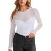 imageREORIA Womens Sexy Round Neck Long Sleeve Trendy Front Twist Knot Sheer Mesh Ruched Going Out Bodysuits TopsWhite