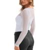 imageREORIA Womens Sexy Round Neck Long Sleeve Trendy Front Twist Knot Sheer Mesh Ruched Going Out Bodysuits TopsWhite