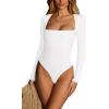 imageREORIA Womens Sexy Square Neck Double Lined Seamless Shirt Stretchy Long Sleeve Bodysuit TopsWhite