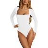 imageREORIA Womens Sexy Square Neck Double Lined Seamless Shirt Stretchy Long Sleeve Bodysuit TopsWhite