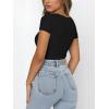 imageREORIA Womens Sexy Square Neck Double Lined Shirt Stretchy Basic Short Sleeve Going Out Thong Bodysuit TopsBlack