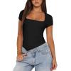 imageREORIA Womens Sexy Square Neck Double Lined Shirt Stretchy Basic Short Sleeve Going Out Thong Bodysuit TopsBlack