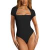 imageREORIA Womens Sexy Square Neck Double Lined Shirt Stretchy Basic Short Sleeve Going Out Thong Bodysuit TopsBlack