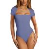 imageREORIA Womens Sexy Square Neck Double Lined Shirt Stretchy Basic Short Sleeve Going Out Thong Bodysuit TopsBlue Nova