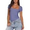 imageREORIA Womens Sexy Square Neck Double Lined Shirt Stretchy Basic Short Sleeve Going Out Thong Bodysuit TopsBlue Nova