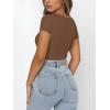 imageREORIA Womens Sexy Square Neck Double Lined Shirt Stretchy Basic Short Sleeve Going Out Thong Bodysuit TopsCoffee