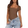 imageREORIA Womens Sexy Square Neck Double Lined Shirt Stretchy Basic Short Sleeve Going Out Thong Bodysuit TopsCoffee
