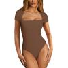imageREORIA Womens Sexy Square Neck Double Lined Shirt Stretchy Basic Short Sleeve Going Out Thong Bodysuit TopsCoffee