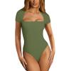 imageREORIA Womens Sexy Square Neck Double Lined Shirt Stretchy Basic Short Sleeve Going Out Thong Bodysuit TopsDark Green