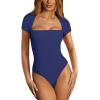 imageREORIA Womens Sexy Square Neck Double Lined Shirt Stretchy Basic Short Sleeve Going Out Thong Bodysuit TopsDeep Blue