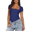 imageREORIA Womens Sexy Square Neck Double Lined Shirt Stretchy Basic Short Sleeve Going Out Thong Bodysuit TopsDeep Blue