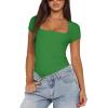 imageREORIA Womens Sexy Square Neck Double Lined Shirt Stretchy Basic Short Sleeve Going Out Thong Bodysuit TopsGreen