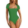 imageREORIA Womens Sexy Square Neck Double Lined Shirt Stretchy Basic Short Sleeve Going Out Thong Bodysuit TopsGreen