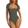 imageREORIA Womens Sexy Square Neck Double Lined Shirt Stretchy Basic Short Sleeve Going Out Thong Bodysuit TopsGrey Green