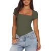 imageREORIA Womens Sexy Square Neck Double Lined Shirt Stretchy Basic Short Sleeve Going Out Thong Bodysuit TopsGrey Green