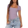 imageREORIA Womens Sexy Square Neck Double Lined Shirt Stretchy Basic Short Sleeve Going Out Thong Bodysuit TopsHazy Lilac