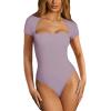 imageREORIA Womens Sexy Square Neck Double Lined Shirt Stretchy Basic Short Sleeve Going Out Thong Bodysuit TopsHazy Lilac