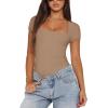 imageREORIA Womens Sexy Square Neck Double Lined Shirt Stretchy Basic Short Sleeve Going Out Thong Bodysuit TopsKhaki