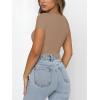 imageREORIA Womens Sexy Square Neck Double Lined Shirt Stretchy Basic Short Sleeve Going Out Thong Bodysuit TopsKhaki
