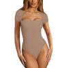 imageREORIA Womens Sexy Square Neck Double Lined Shirt Stretchy Basic Short Sleeve Going Out Thong Bodysuit TopsKhaki