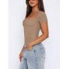 imageREORIA Womens Sexy Square Neck Double Lined Shirt Stretchy Basic Short Sleeve Going Out Thong Bodysuit TopsKhaki