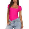 imageREORIA Womens Sexy Square Neck Double Lined Shirt Stretchy Basic Short Sleeve Going Out Thong Bodysuit TopsNeon Rose Red
