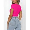 imageREORIA Womens Sexy Square Neck Double Lined Shirt Stretchy Basic Short Sleeve Going Out Thong Bodysuit TopsNeon Rose Red