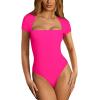 imageREORIA Womens Sexy Square Neck Double Lined Shirt Stretchy Basic Short Sleeve Going Out Thong Bodysuit TopsNeon Rose Red