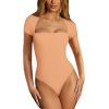 imageREORIA Womens Sexy Square Neck Double Lined Shirt Stretchy Basic Short Sleeve Going Out Thong Bodysuit TopsPeach Fuzz
