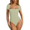 imageREORIA Womens Sexy Square Neck Double Lined Shirt Stretchy Basic Short Sleeve Going Out Thong Bodysuit TopsTender Green