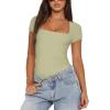 imageREORIA Womens Sexy Square Neck Double Lined Shirt Stretchy Basic Short Sleeve Going Out Thong Bodysuit TopsTender Green