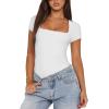 imageREORIA Womens Sexy Square Neck Double Lined Shirt Stretchy Basic Short Sleeve Going Out Thong Bodysuit TopsWhite