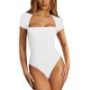 imageREORIA Womens Sexy Square Neck Double Lined Shirt Stretchy Basic Short Sleeve Going Out Thong Bodysuit TopsWhite