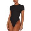 imageREORIA Womens Trendy Sexy Backless Body Suit Double Lined Crew Neck Short Sleeve Going Out Bodysuits TopsBlack