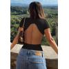 imageREORIA Womens Trendy Sexy Backless Body Suit Double Lined Crew Neck Short Sleeve Going Out Bodysuits TopsBlack