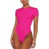 imageREORIA Womens Trendy Sexy Backless Body Suit Double Lined Crew Neck Short Sleeve Going Out Bodysuits TopsNeon Rose Red