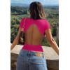 imageREORIA Womens Trendy Sexy Backless Body Suit Double Lined Crew Neck Short Sleeve Going Out Bodysuits TopsNeon Rose Red