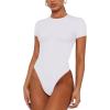 imageREORIA Womens Trendy Sexy Backless Body Suit Double Lined Crew Neck Short Sleeve Going Out Bodysuits TopsWhite
