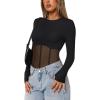 imageREORIA Womens Trendy Sexy Crew Neck Thumbholes Long Sleeve Sheer Mesh Going Out Bodysuit TopsBlack