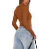 imageREORIA Womens Trendy Sexy Crew Neck Thumbholes Long Sleeve Sheer Mesh Going Out Bodysuit TopsBrown