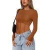 imageREORIA Womens Trendy Sexy Crew Neck Thumbholes Long Sleeve Sheer Mesh Going Out Bodysuit TopsBrown