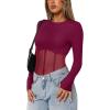 imageREORIA Womens Trendy Sexy Crew Neck Thumbholes Long Sleeve Sheer Mesh Going Out Bodysuit TopsBurdundy