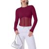 imageREORIA Womens Trendy Sexy Crew Neck Thumbholes Long Sleeve Sheer Mesh Going Out Bodysuit TopsBurdundy