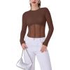 imageREORIA Womens Trendy Sexy Crew Neck Thumbholes Long Sleeve Sheer Mesh Going Out Bodysuit TopsCoffee