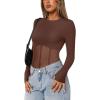 imageREORIA Womens Trendy Sexy Crew Neck Thumbholes Long Sleeve Sheer Mesh Going Out Bodysuit TopsCoffee