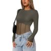 imageREORIA Womens Trendy Sexy Crew Neck Thumbholes Long Sleeve Sheer Mesh Going Out Bodysuit TopsGrey Green
