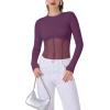 imageREORIA Womens Trendy Sexy Crew Neck Thumbholes Long Sleeve Sheer Mesh Going Out Bodysuit TopsPurple