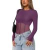 imageREORIA Womens Trendy Sexy Crew Neck Thumbholes Long Sleeve Sheer Mesh Going Out Bodysuit TopsPurple