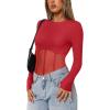 imageREORIA Womens Trendy Sexy Crew Neck Thumbholes Long Sleeve Sheer Mesh Going Out Bodysuit TopsRed